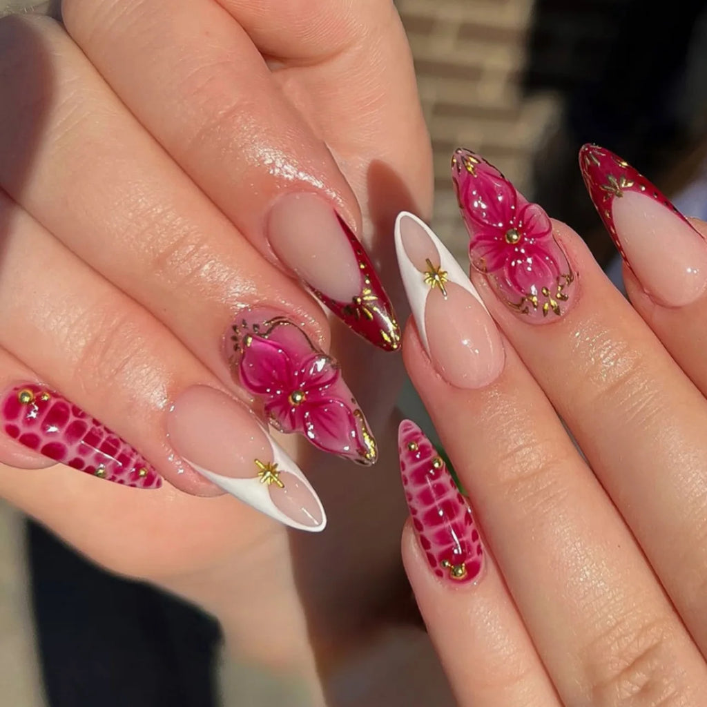 24pcs Finished Almond Press on Nails Art Reusable Sweet Flower Pink Long False Nail Sets with Shell Pearl Design Fake Nails Tips