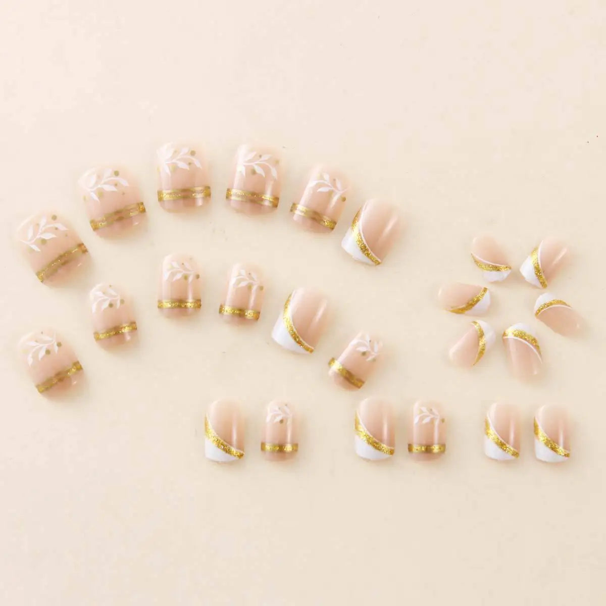 Short Square fake nails golden white flowers with strips frame for Spring Summer french style full cover press on acrylic nail