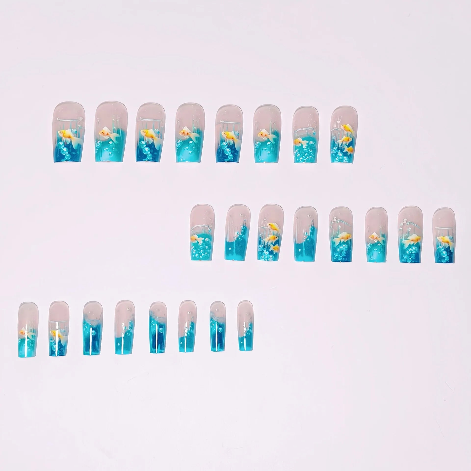 Medium long Square fake nails for women Summer blue water fish in yellow red colors full cover press on acrylic false nail art