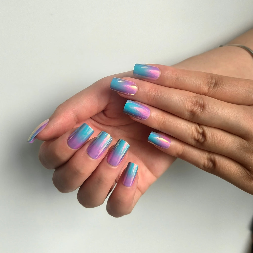 24Pcs Simple Ballet Glitter Detachable Nails with Pink Gradient French Square Press on Fake Nails Short Full Cover Nail Tips Art