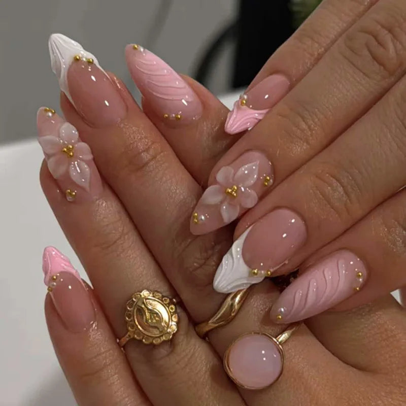 24pcs Finished Almond Press on Nails Art Reusable Sweet Flower Pink Long False Nail Sets with Shell Pearl Design Fake Nails Tips