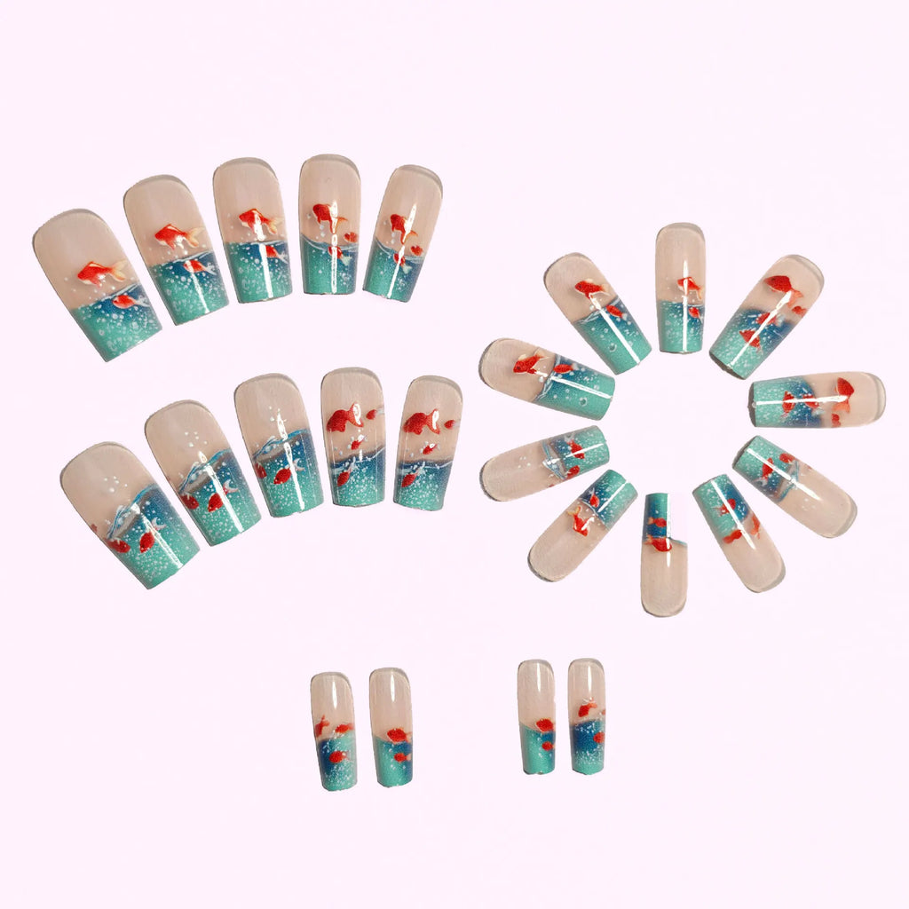 Medium long Square fake nails for women Summer blue water fish in yellow red colors full cover press on acrylic false nail art