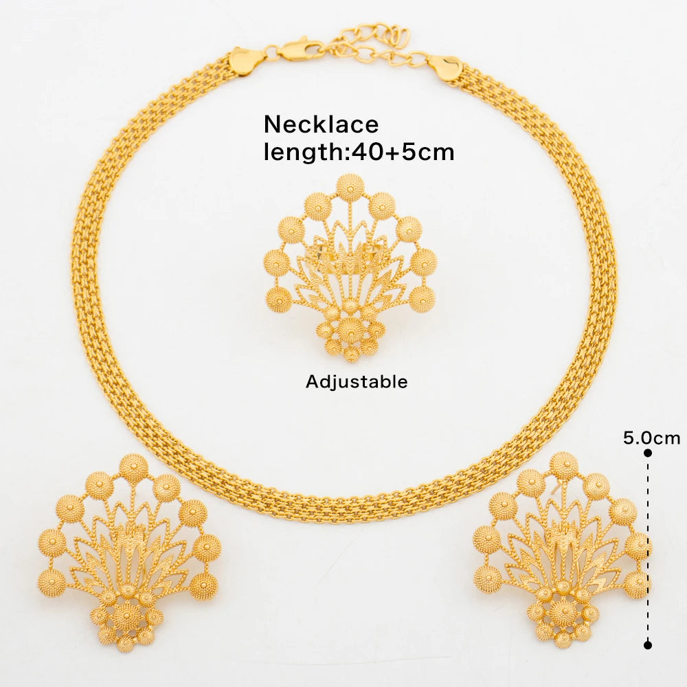 Luxury Handmade Big Earrings Ring Set  Plated Dubai Chain Wedding Jewelry Bridal Accessory Arab Turkis Earrings Women
