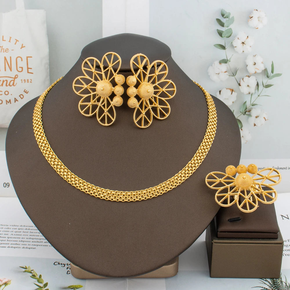 Luxury Handmade Big Earrings Ring Set  Plated Dubai Chain Wedding Jewelry Bridal Accessory Arab Turkis Earrings Women