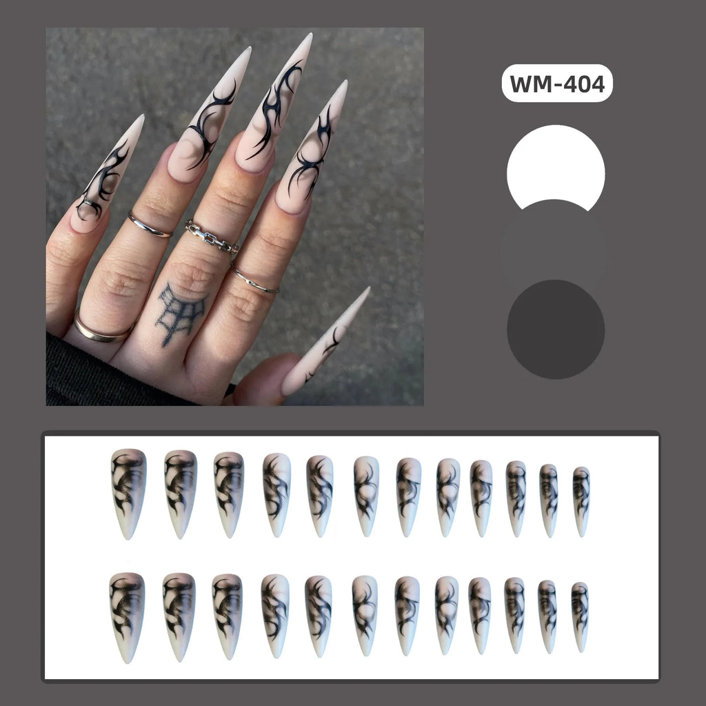 24pcs Punk Cool Long Pointed False Nails Black Thorns White Spikes Design Press on Nails European Spicy Girls Fake Nail Patches