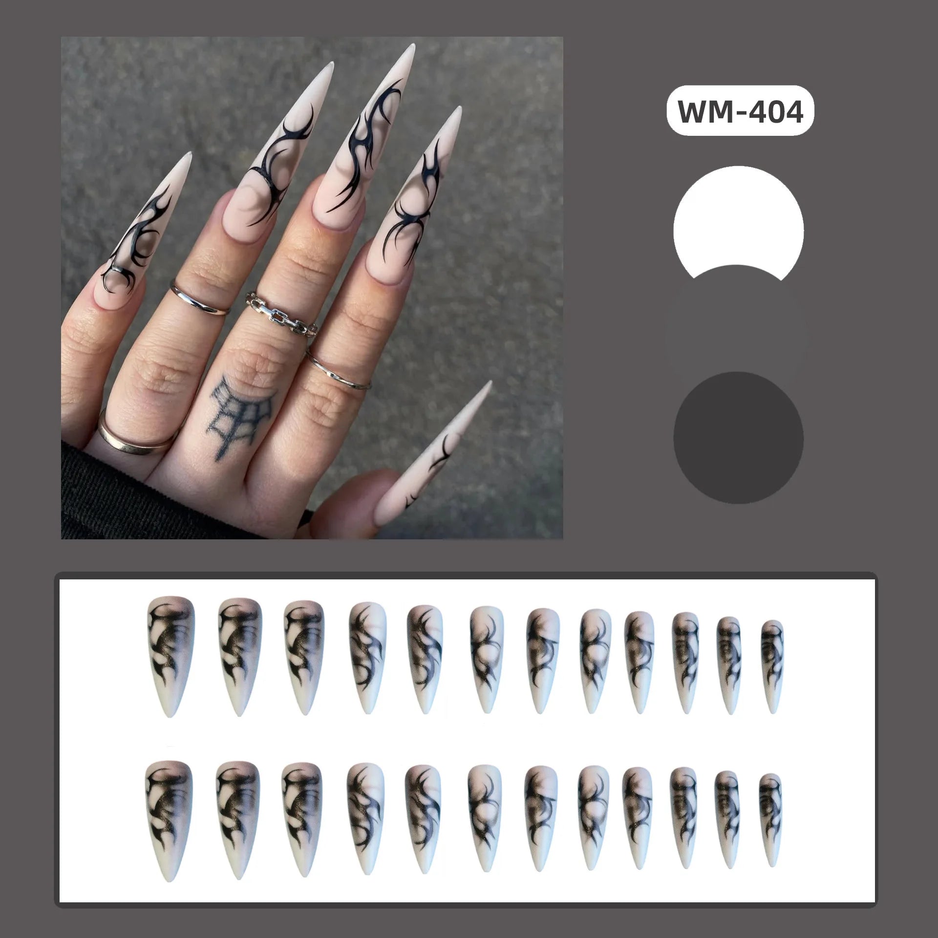 24pcs Punk Cool Long Pointed False Nails Black Thorns White Spikes Design Press on Nails European Spicy Girls Fake Nail Patches