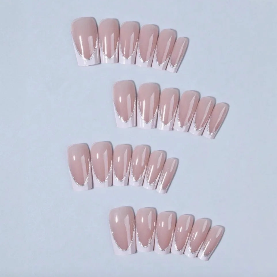 White French Tip Press on Nails Coffin False Nails French Glitter Wearable Fake Nails Acrylic Full Cover Press on Nails Tips