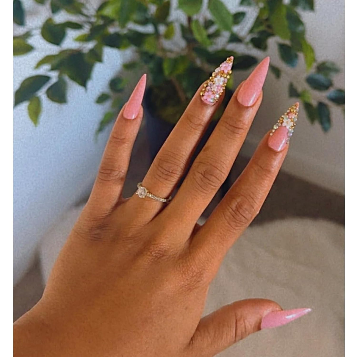 Long Press on Nails Stiletto Pink Fake Nails Rhinestone & Flower Designs Glossy Glue on Acrylic Nails Full Cover Luxury Bling Handmade Stick on False Nails for Women 24Pcs