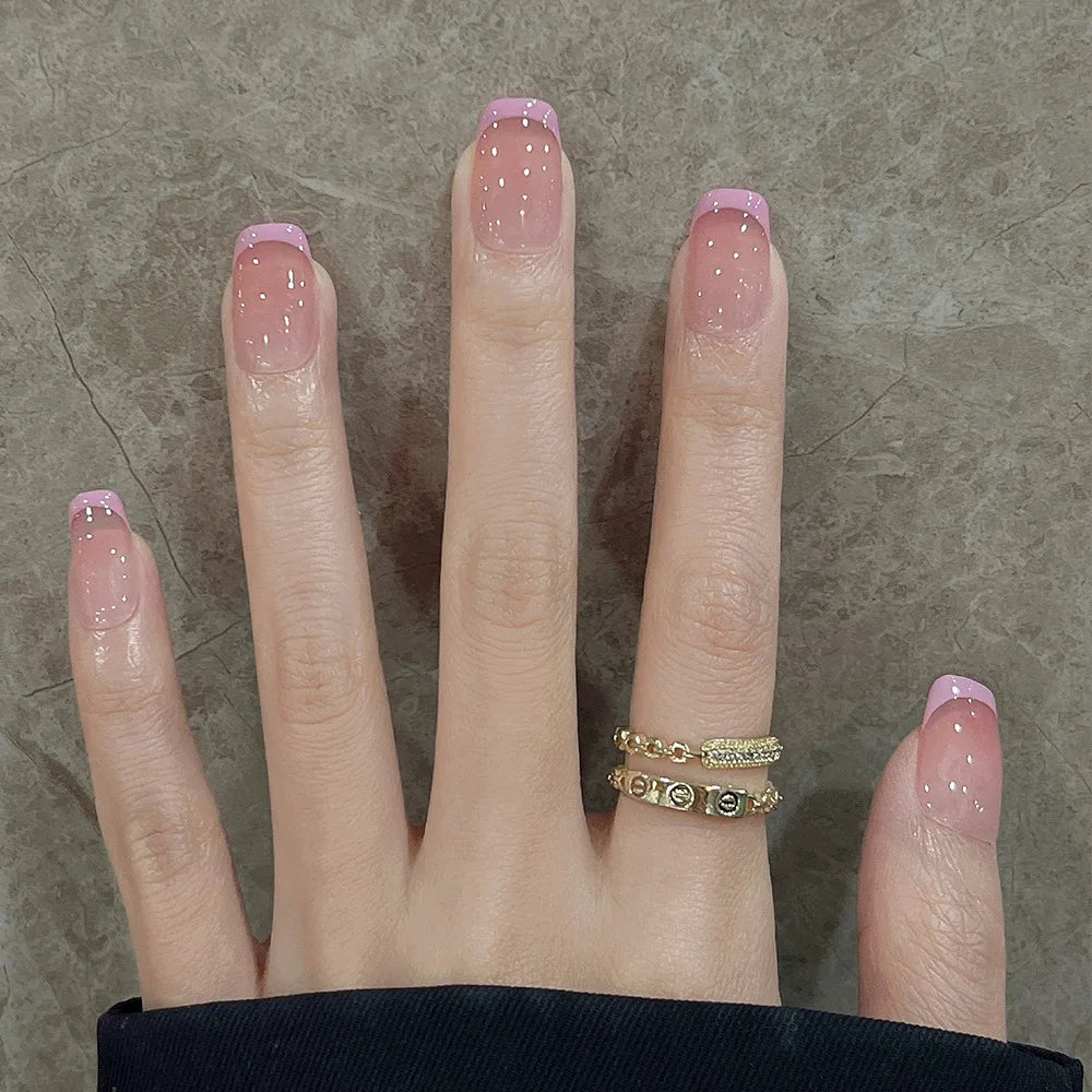 24Pcs Simple Ballet Glitter Detachable Nails with Pink Gradient French Square Press on Fake Nails Short Full Cover Nail Tips Art