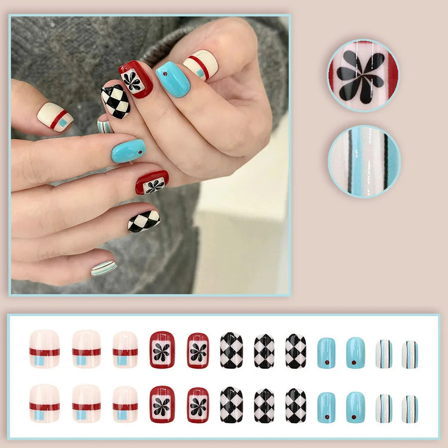 Short Medium fake nails for women girls Y2K gradient blue purple brown geometric strips full cover press on false nail art set