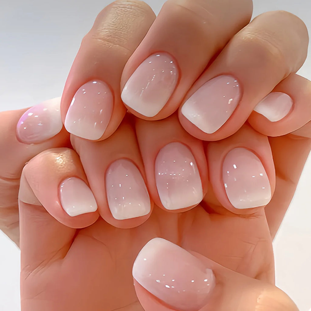 24Pcs Simple Ballet Glitter Detachable Nails with Pink Gradient French Square Press on Fake Nails Short Full Cover Nail Tips Art