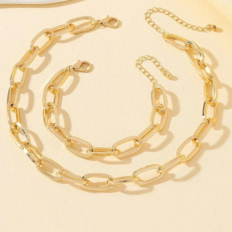 2 PCS Set Gold Color Link Chain Necklace Bracelet Set Punk Bracelet Big Link Chain Dubai Africa Party Jewelry Set Gift FOr Women