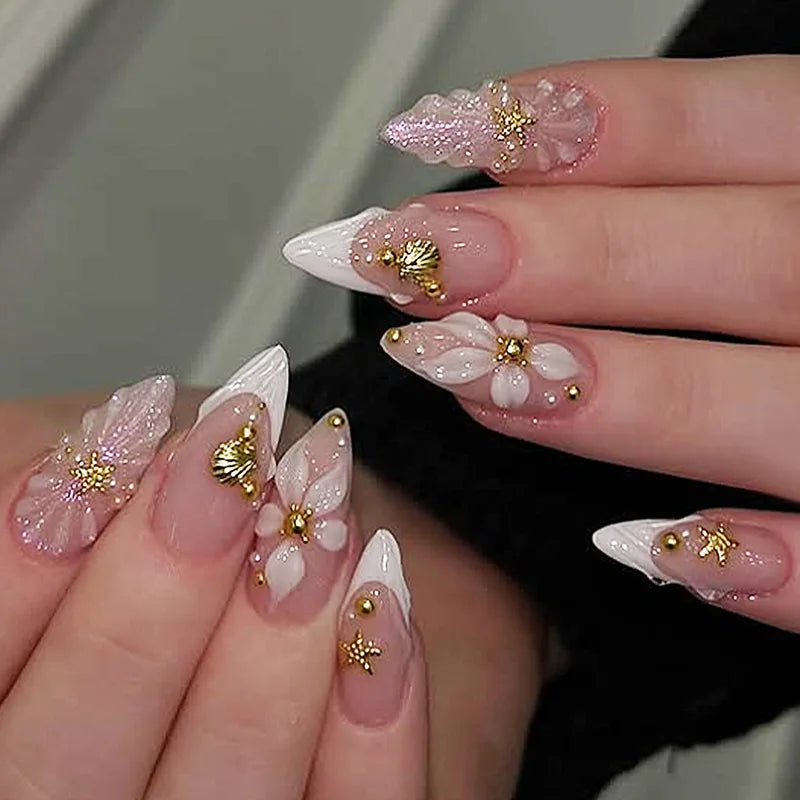 24pcs Finished Almond Press on Nails Art Reusable Sweet Flower Pink Long False Nail Sets with Shell Pearl Design Fake Nails Tips