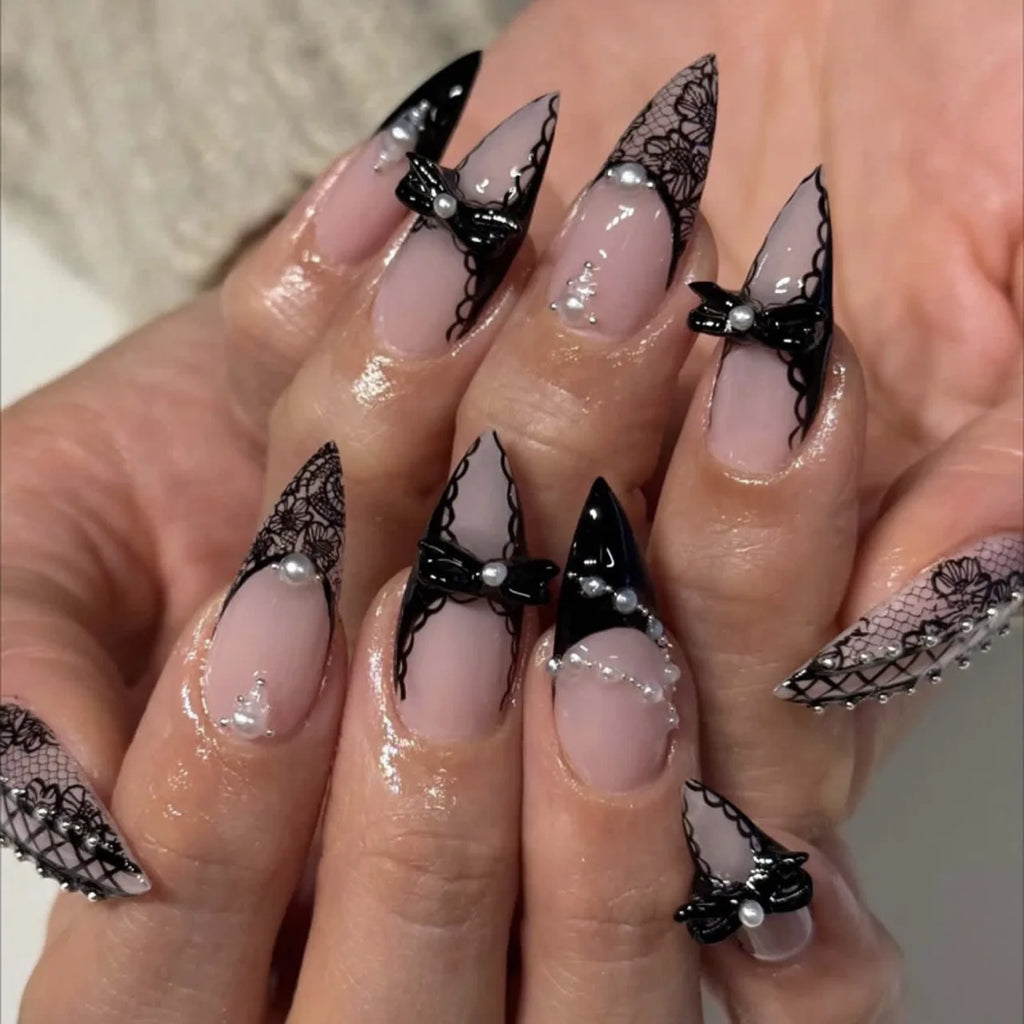 24Pcs Stiletto Shape Black Red Press on False Nails Extra Long Almond Head Cool Full Fake Nails Tips Gradient Manicure Tools