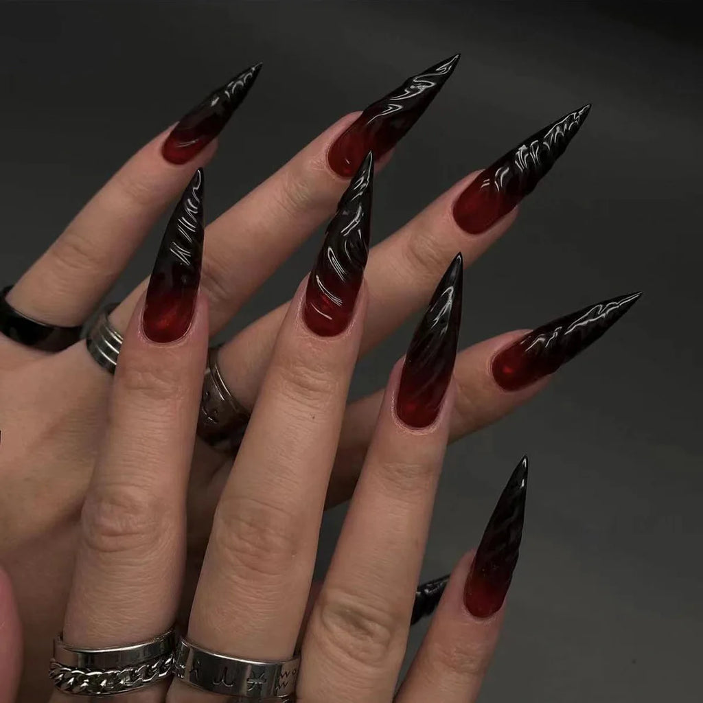 24Pcs Stiletto Shape Black Red Press on False Nails Extra Long Almond Head Cool Full Fake Nails Tips Gradient Manicure Tools