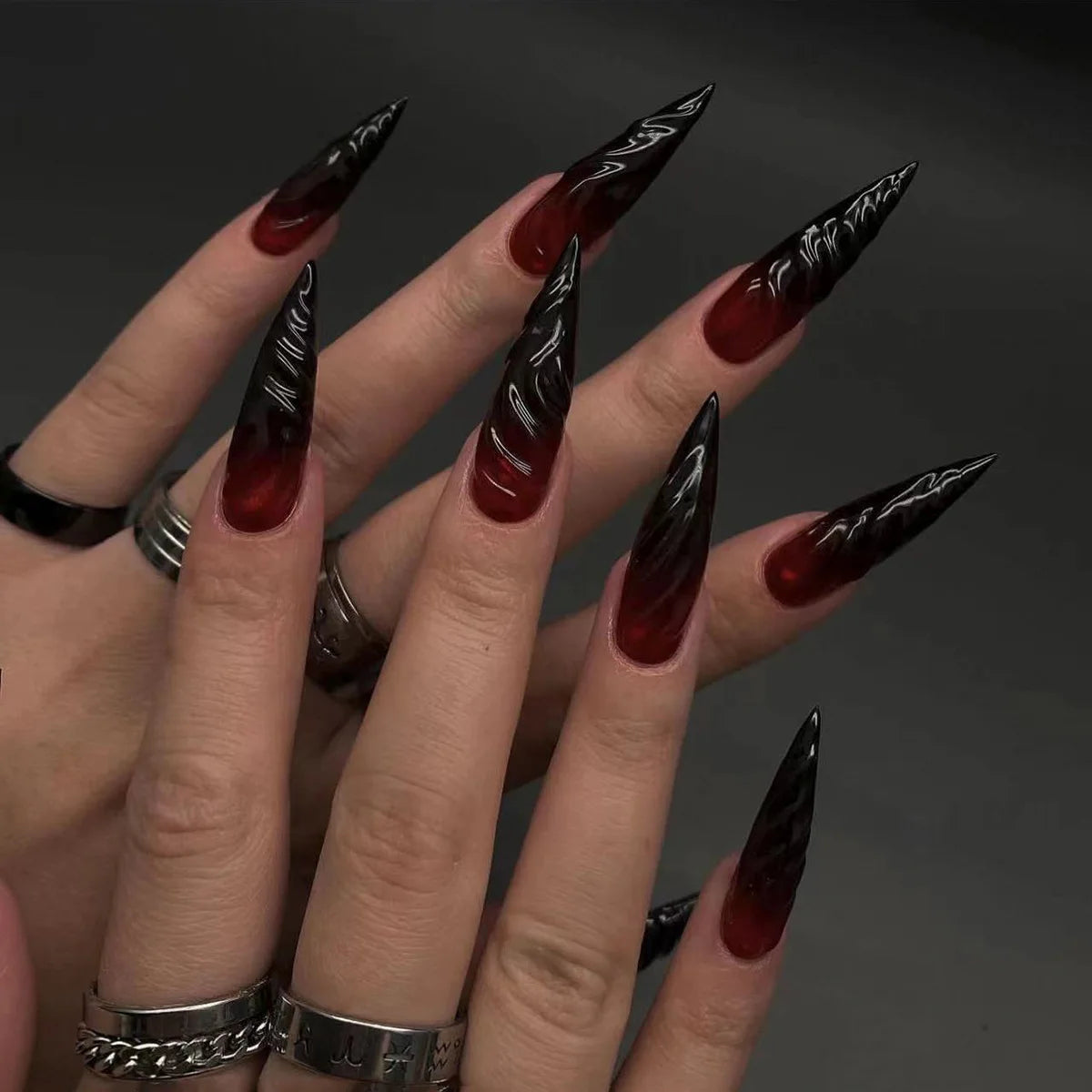 24Pcs Stiletto Shape Black Red Press on False Nails Extra Long Almond Head Cool Full Fake Nails Tips Gradient Manicure Tools