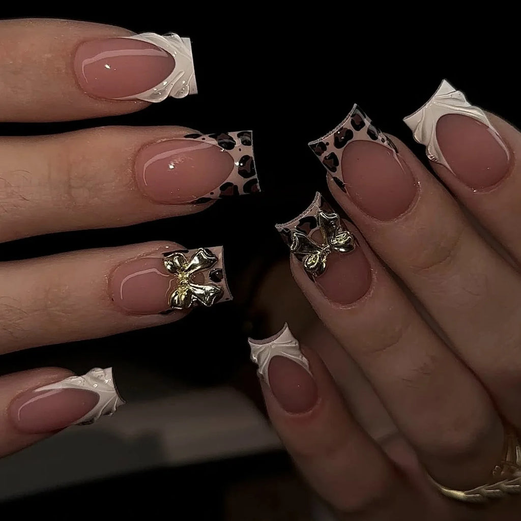 Short square fake nails for women girl fashion brown leopard print with 3D embossed flower bow frame press on acrylic false nail