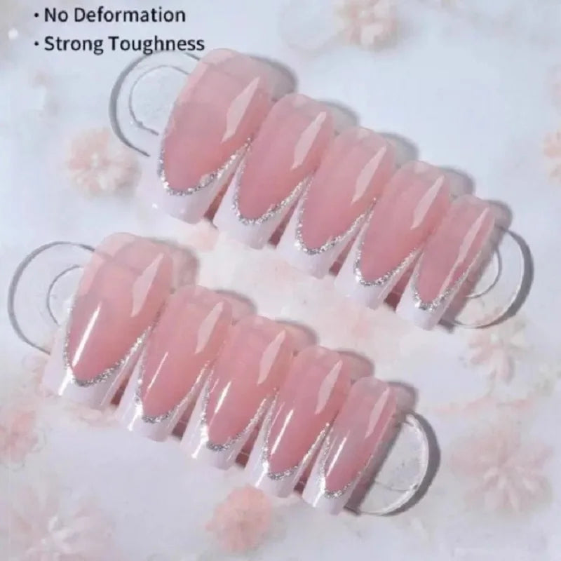 White French Tip Press on Nails Coffin False Nails French Glitter Wearable Fake Nails Acrylic Full Cover Press on Nails Tips